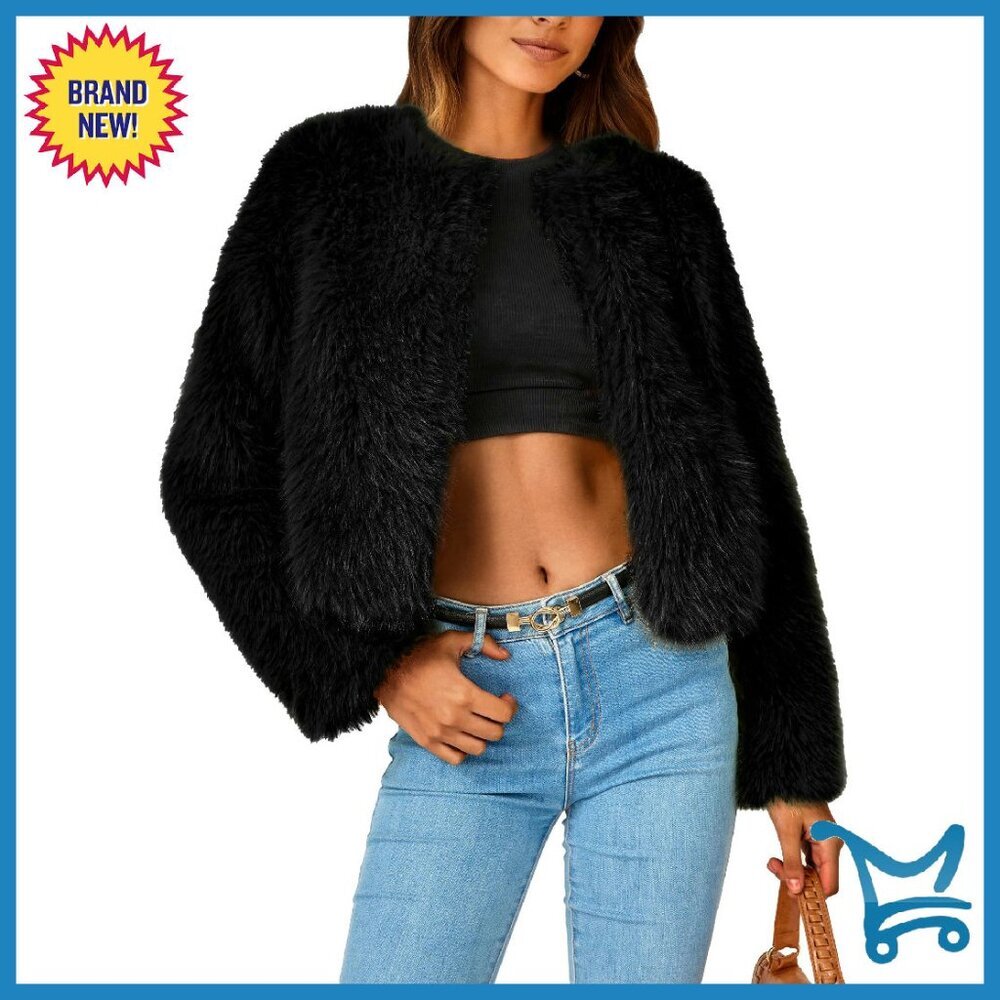 Cropped Faux Fur Jacket Women's Fleece Winter Coat Pockets Warm